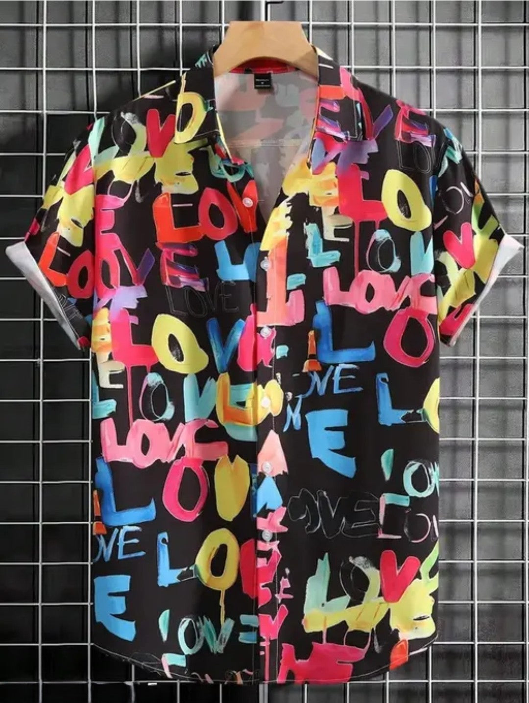 Appywave Colorful Love Print Short Sleeve Button Down Shirt, Red