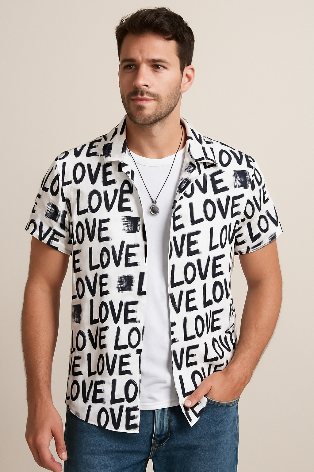 Appywave Colorful Love Print Short Sleeve Button Down Shirt White