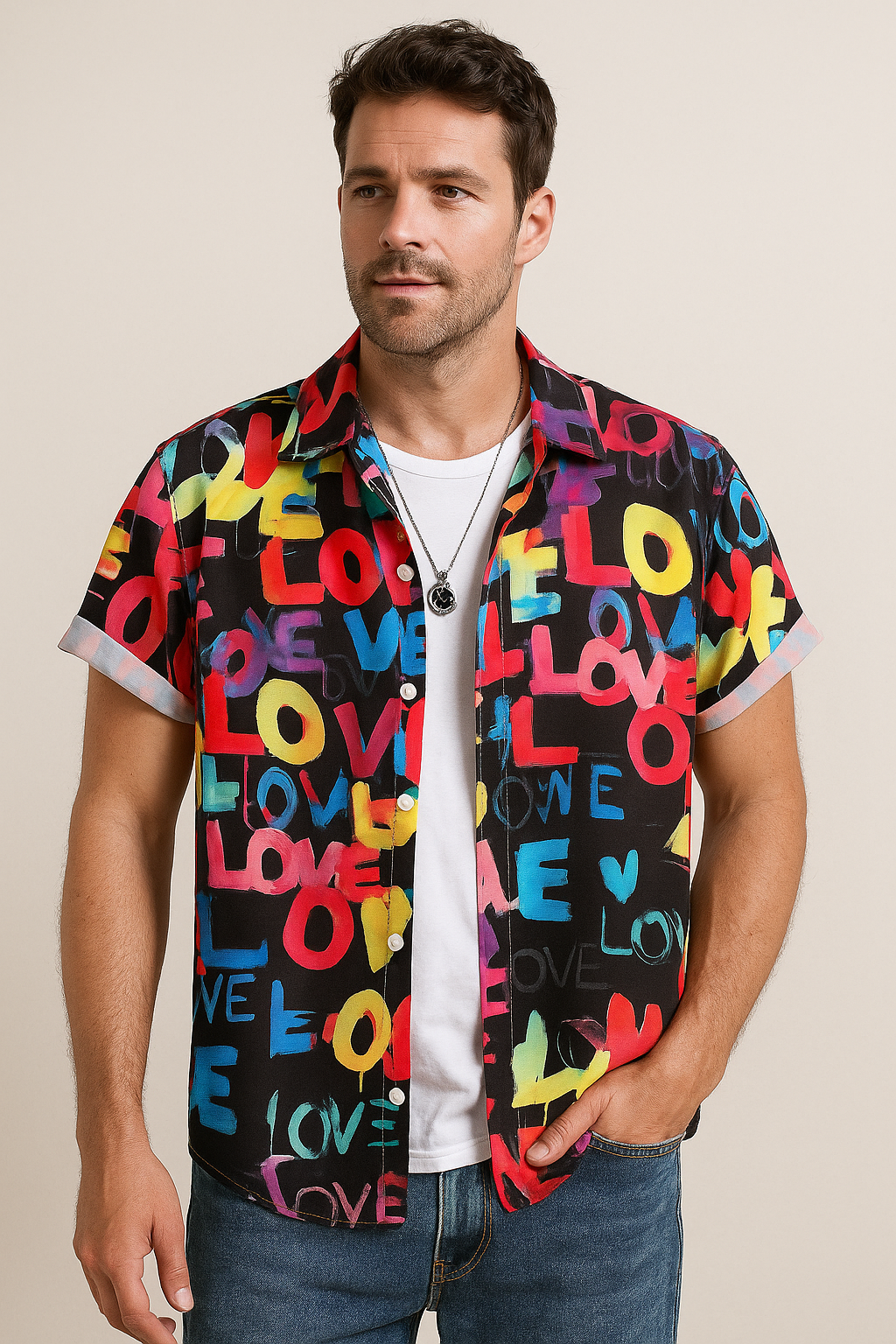 Appywave Colorful Love Print Short Sleeve Button Down Shirt, Red