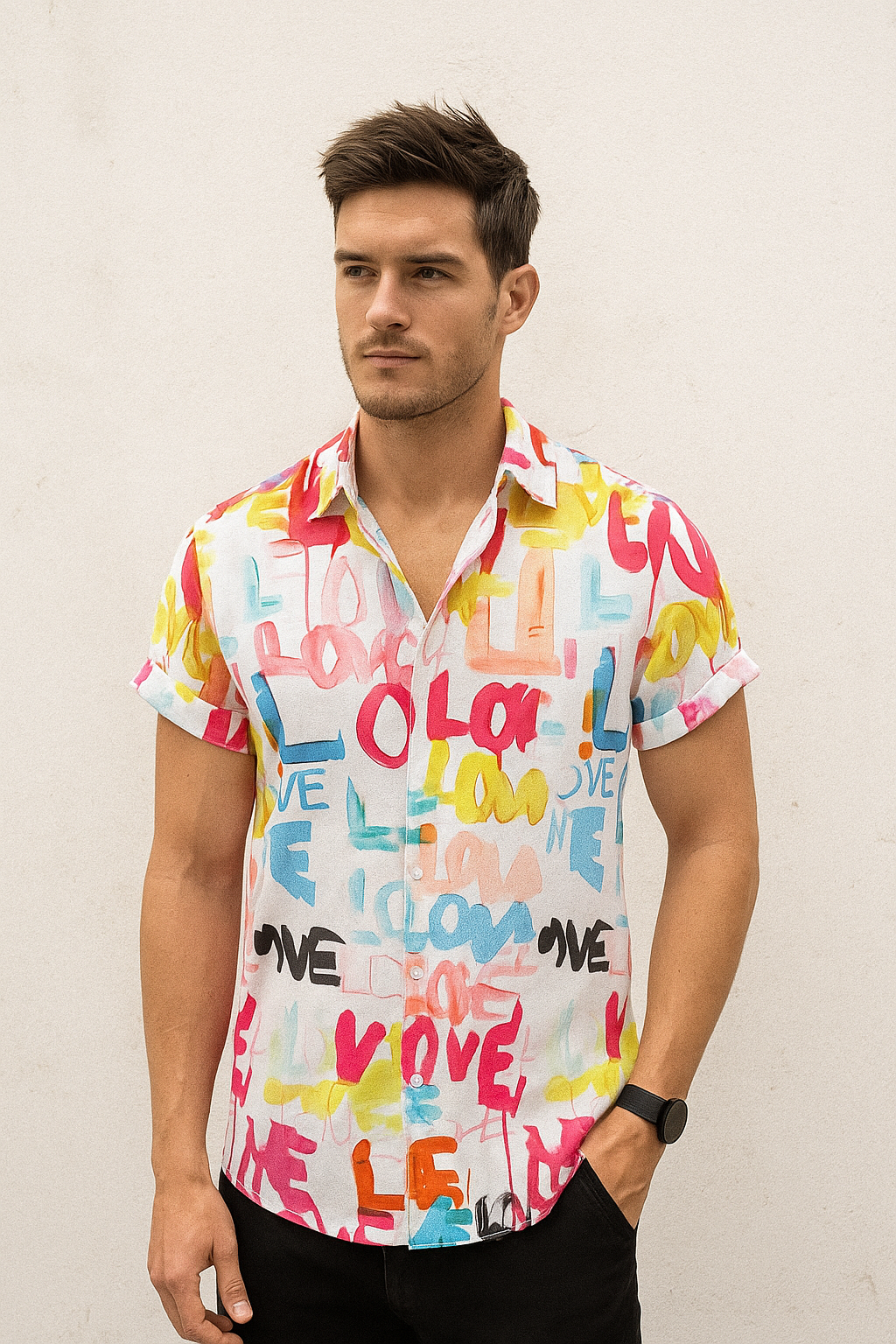 Appywave Colorful Love Print Short Sleeve Button Down Shirt, Multi Color