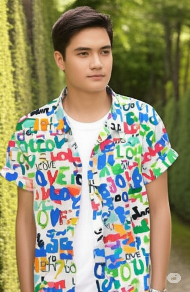 Appywave Colorful Love Print Short Sleeve Button Down Shirt, Multi-Colour Pattern