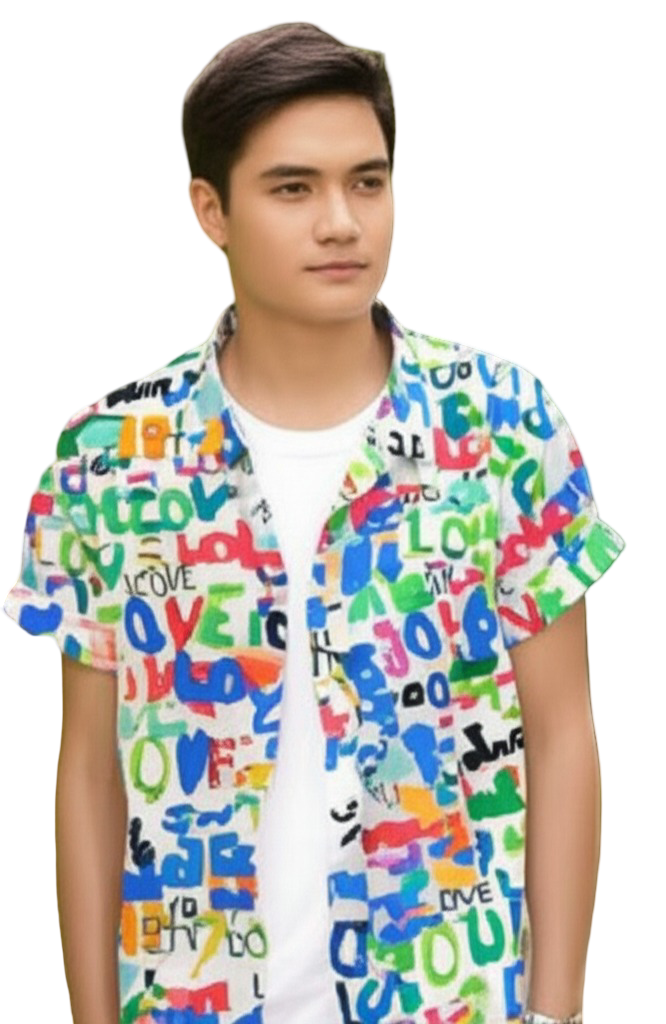 Appywave Colorful Love Print Short Sleeve Button Down Shirt, Multi-Colour Pattern