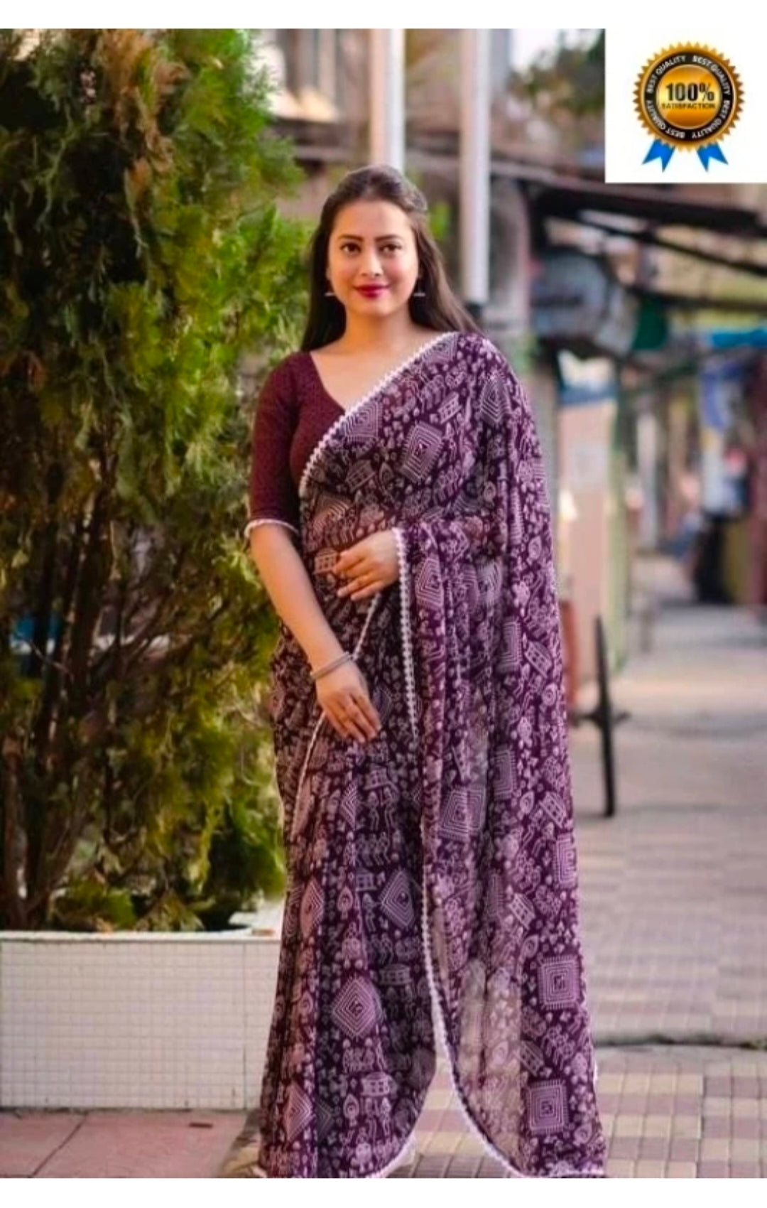 Appywave Traditional Georgette Saree, Purple and White Geometric Pattern, Lace Border with Blouse
