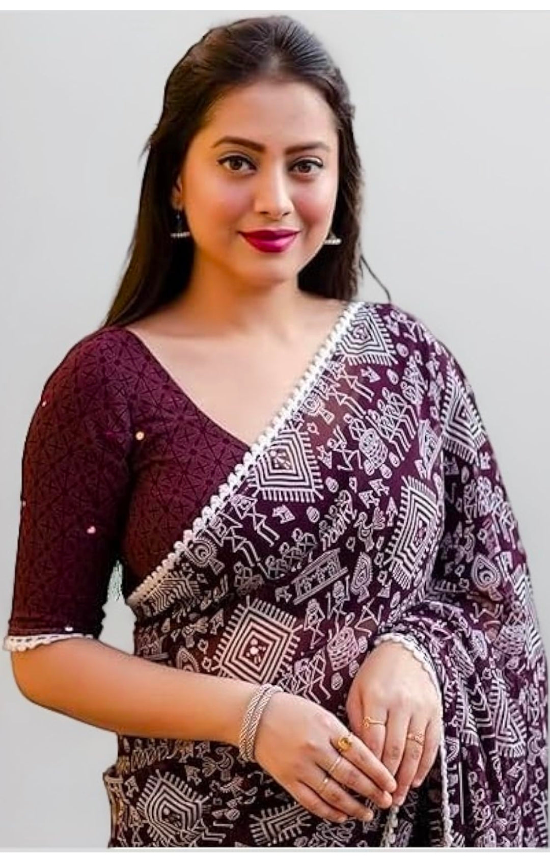 Appywave Traditional Georgette Saree, Purple and White Geometric Pattern, Lace Border with Blouse