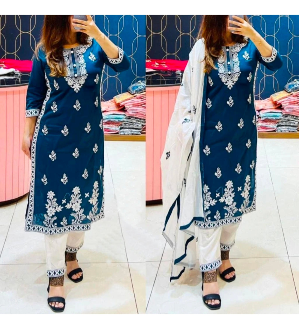 Appywave Traditional Embroidered Kurta Set with Chikankari Work, Rayon Salwar Suit