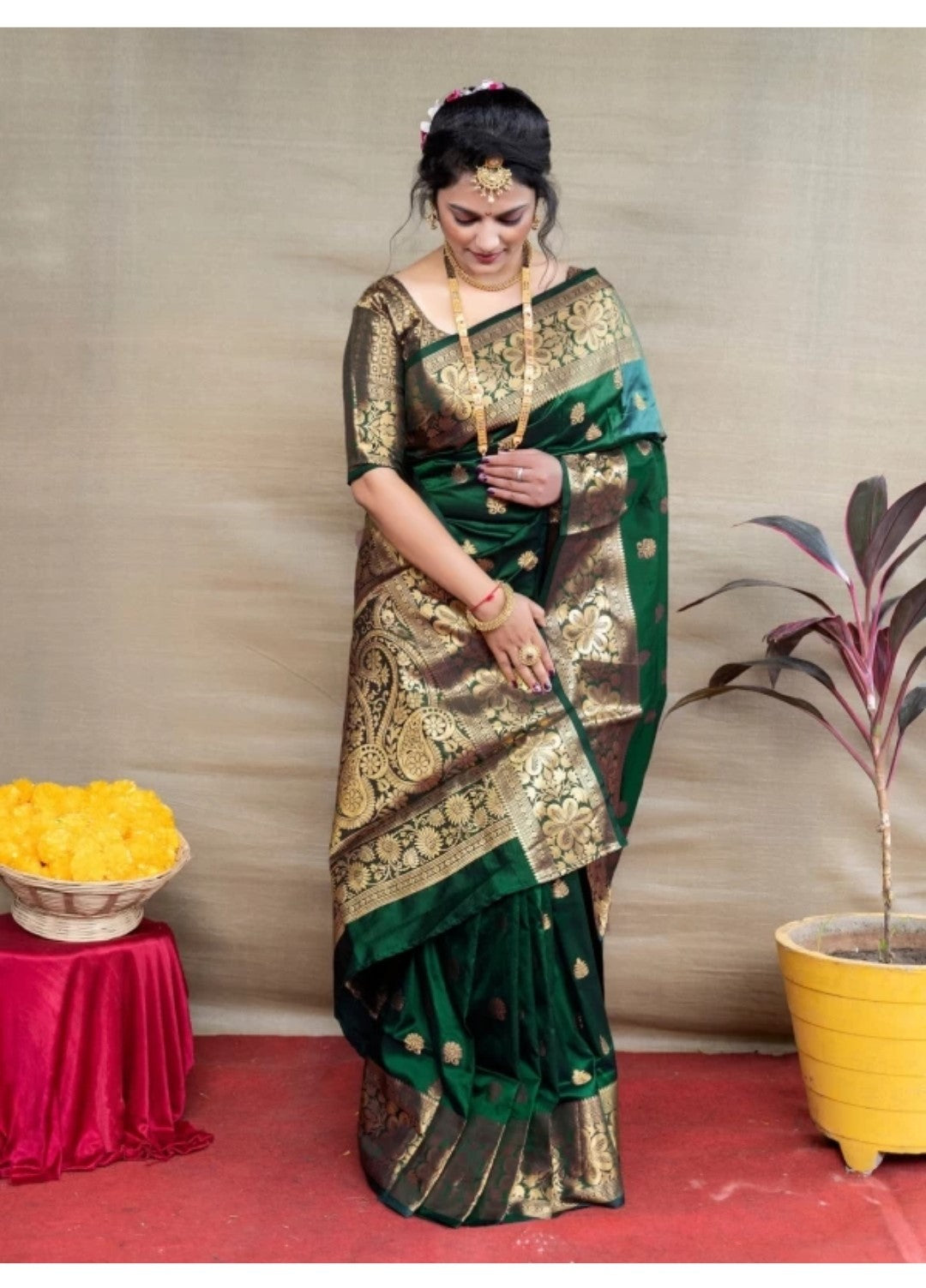 Appywave Traditional Indian Banarasi Zari Silk Saree for wedding with running Blouse