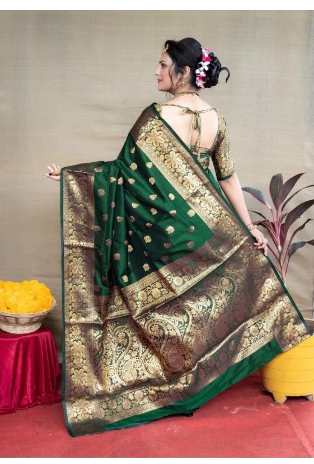 Appywave Traditional Indian Banarasi Zari Silk Saree for wedding with running Blouse