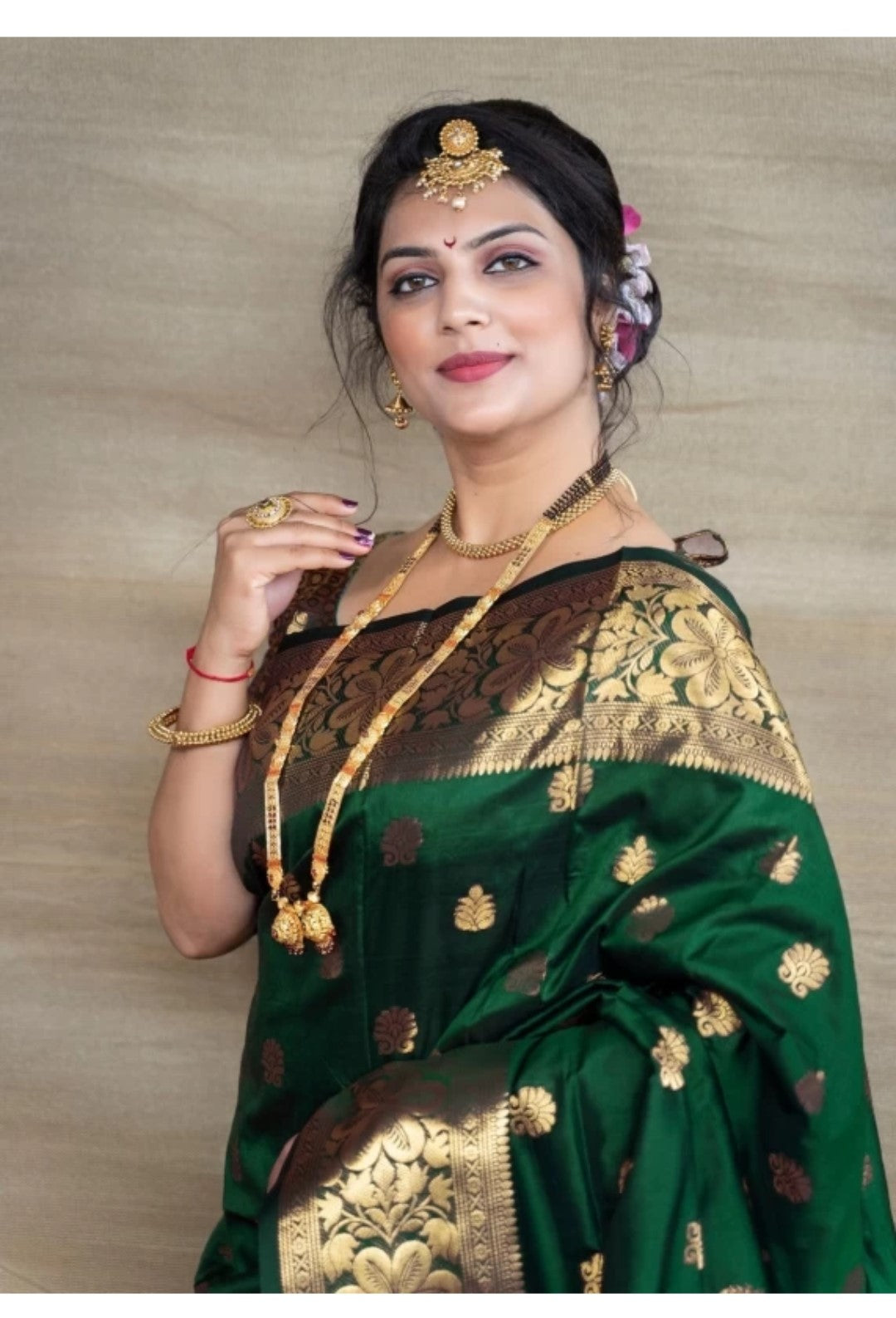 Appywave Traditional Indian Banarasi Zari Silk Saree for wedding with running Blouse
