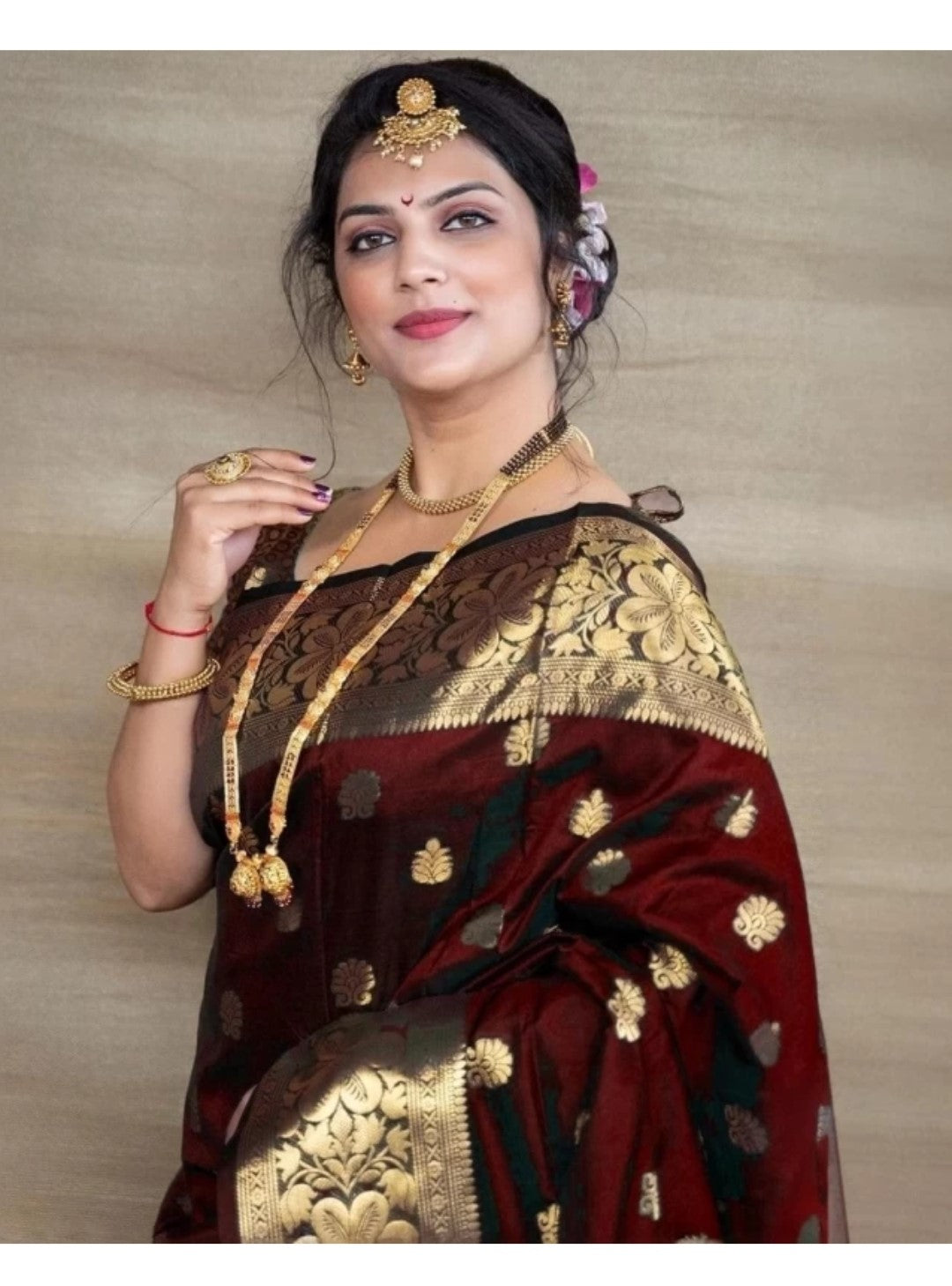 Appywave Traditional Indian Banarasi Zari Silk Saree for wedding with running Blouse