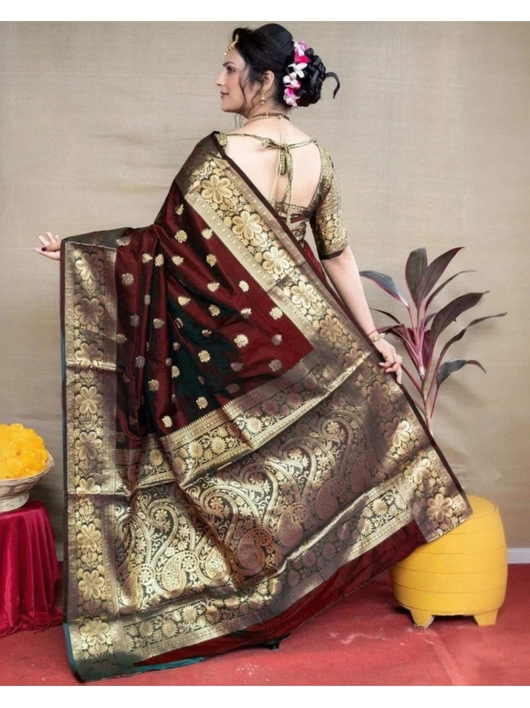 Appywave Traditional Indian Banarasi Zari Silk Saree for wedding with running Blouse