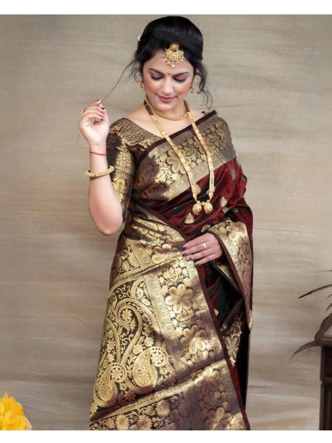Appywave Traditional Indian Banarasi Zari Silk Saree for wedding with running Blouse