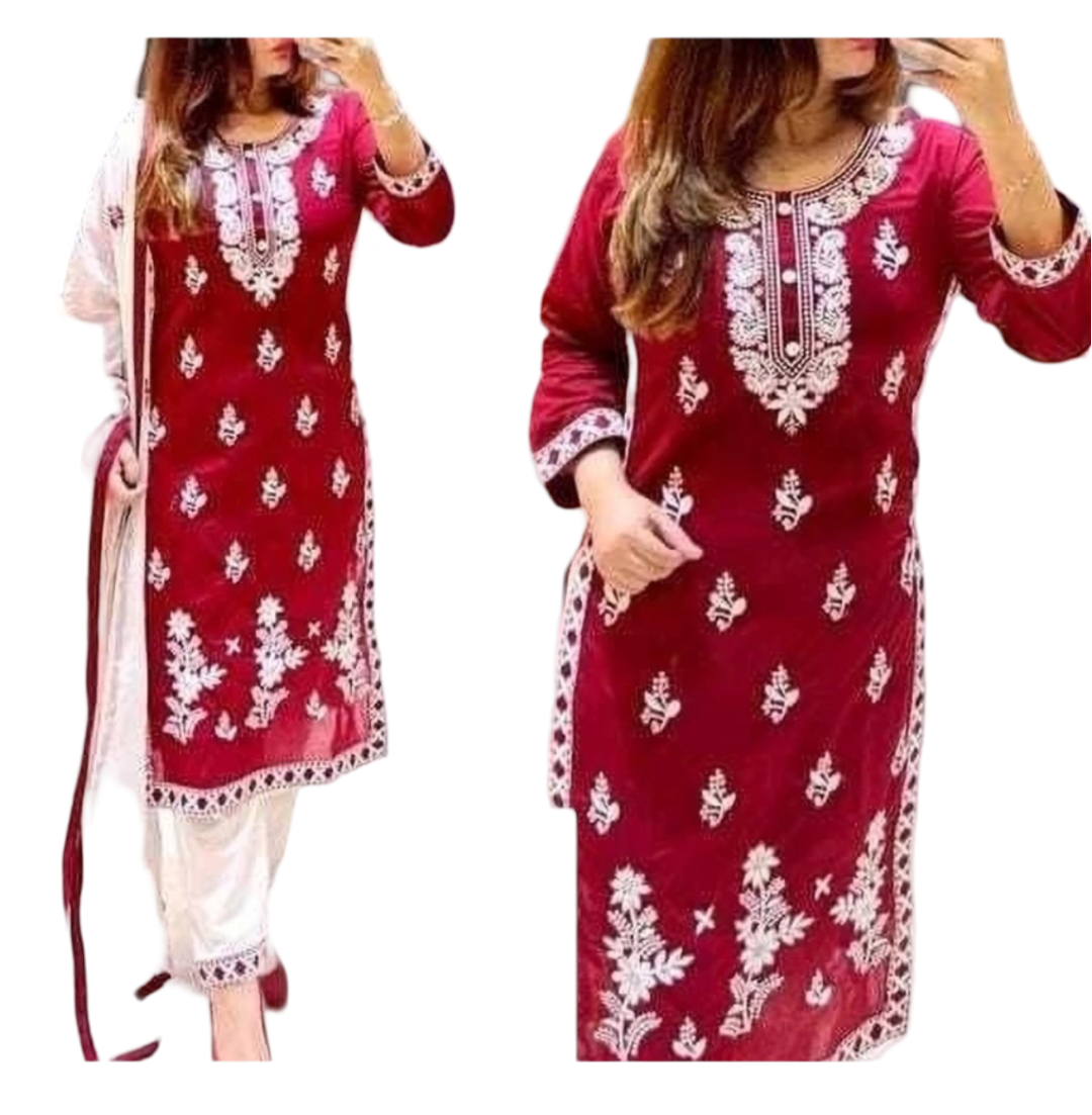 Appywave Traditional Embroidered Kurta Set with Chikankari Work, Rayon Salwar Suit