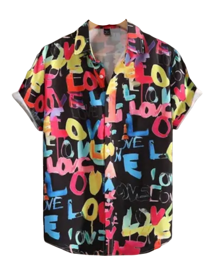 Appywave Colorful Love Print Short Sleeve Button Down Shirt, Red