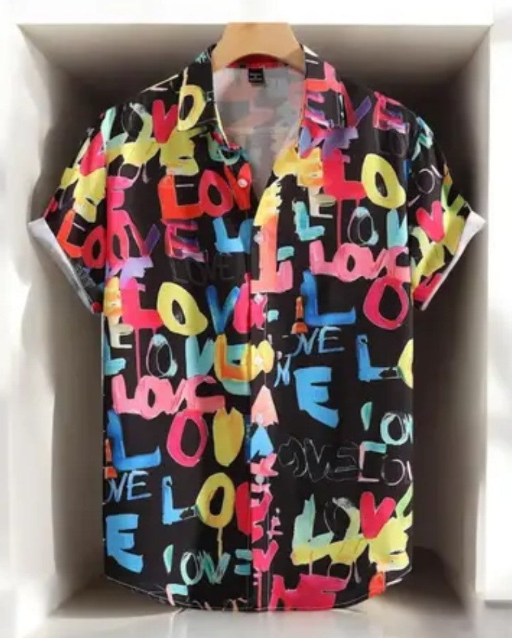 Appywave Colorful Love Print Short Sleeve Button Down Shirt, Red