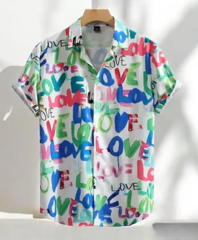 Appywave Colorful Love Print Short Sleeve Button Down Shirt, Multi-Colour Pattern