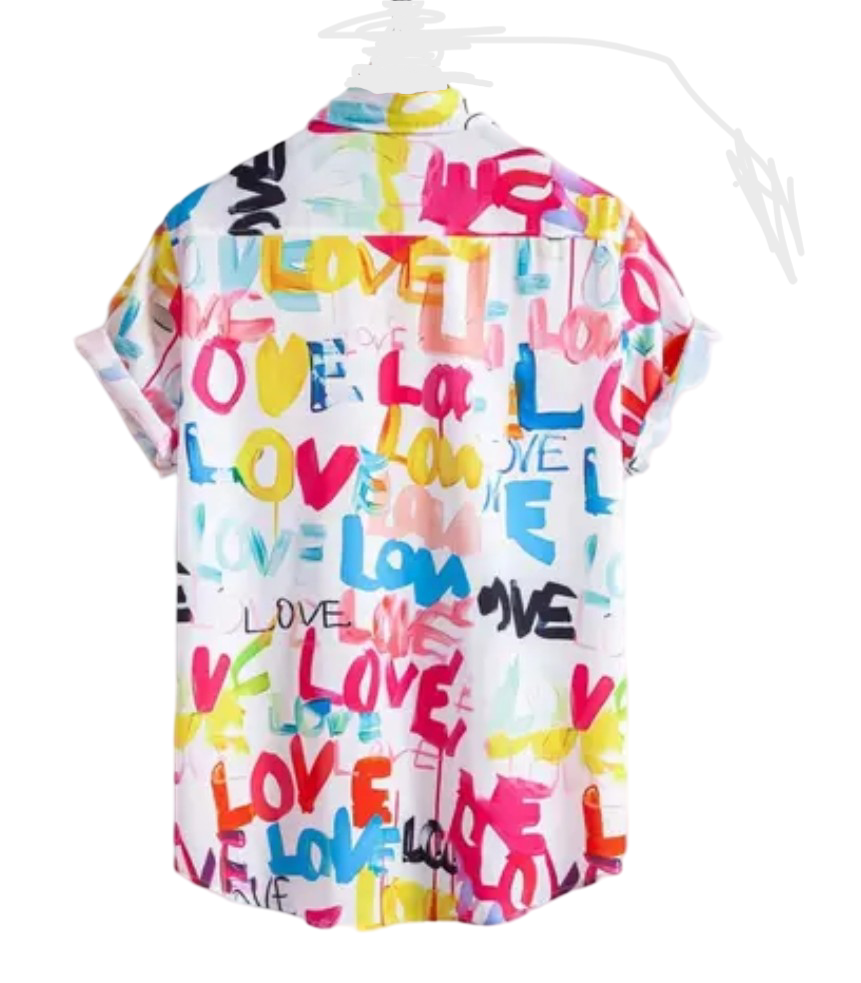 Appywave Colorful Love Print Short Sleeve Button Down Shirt, Multi Color