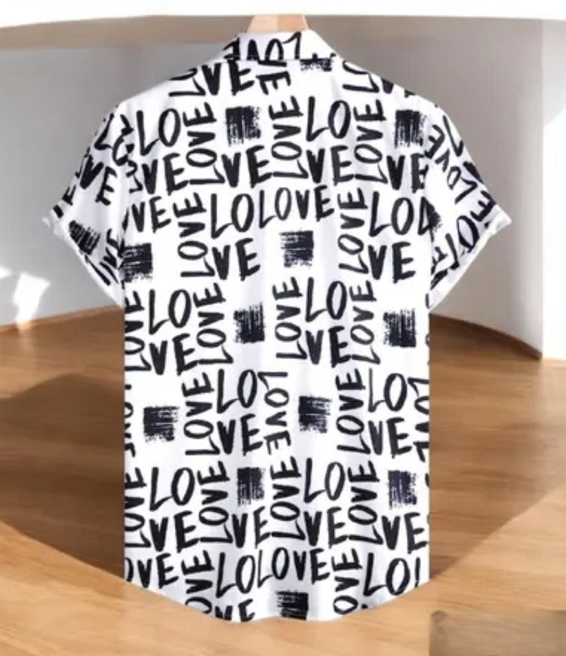 Appywave Colorful Love Print Short Sleeve Button Down Shirt White