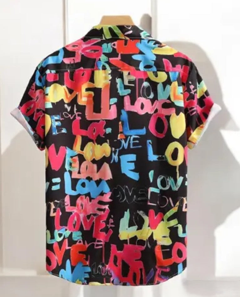 Appywave Colorful Love Print Short Sleeve Button Down Shirt, Red
