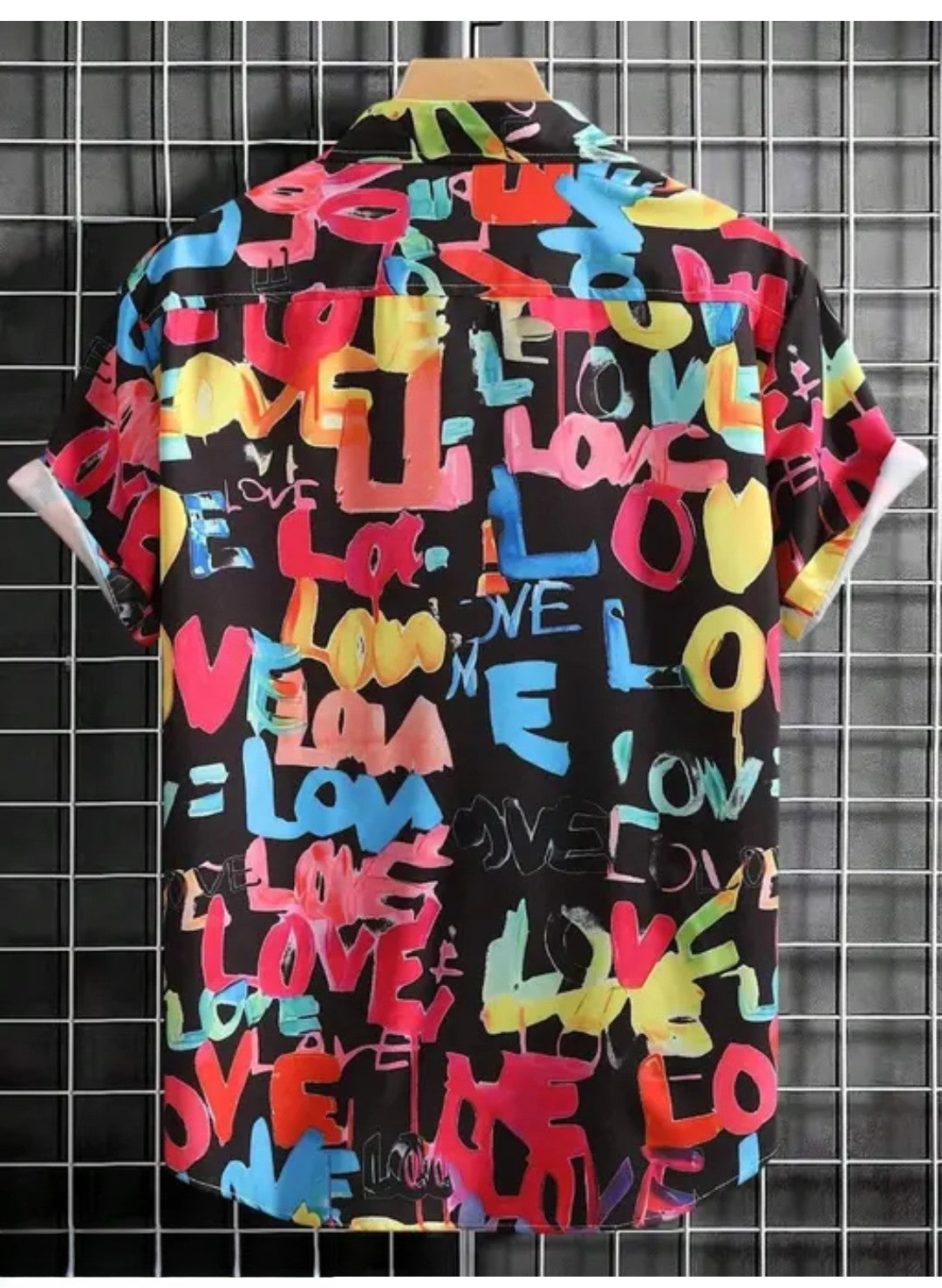 Appywave Colorful Love Print Short Sleeve Button Down Shirt, Red