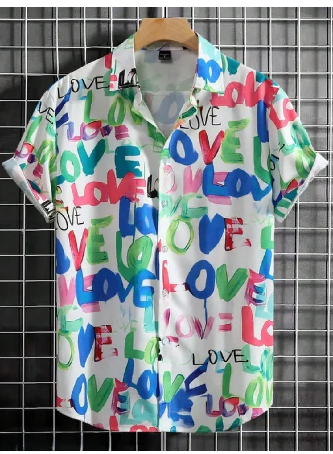 Appywave Colorful Love Print Short Sleeve Button Down Shirt, Multi-Colour Pattern