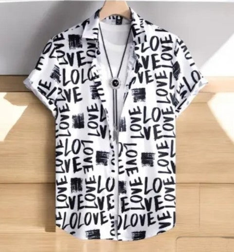 Appywave Colorful Love Print Short Sleeve Button Down Shirt White