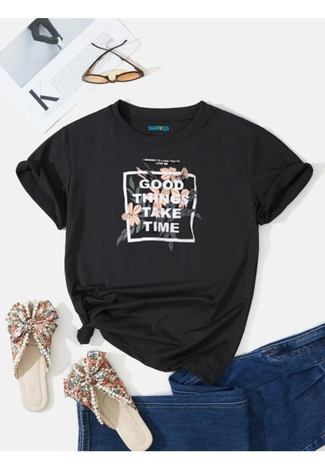 Women Printed, Typography Round Neck Cotton Blend Black T-Shirt