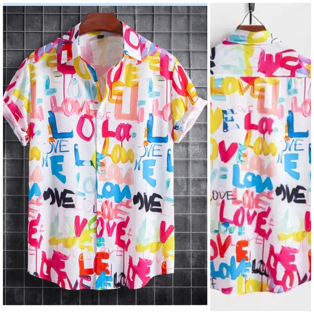 Appywave Colorful Love Print Short Sleeve Button Down Shirt, Multi Color