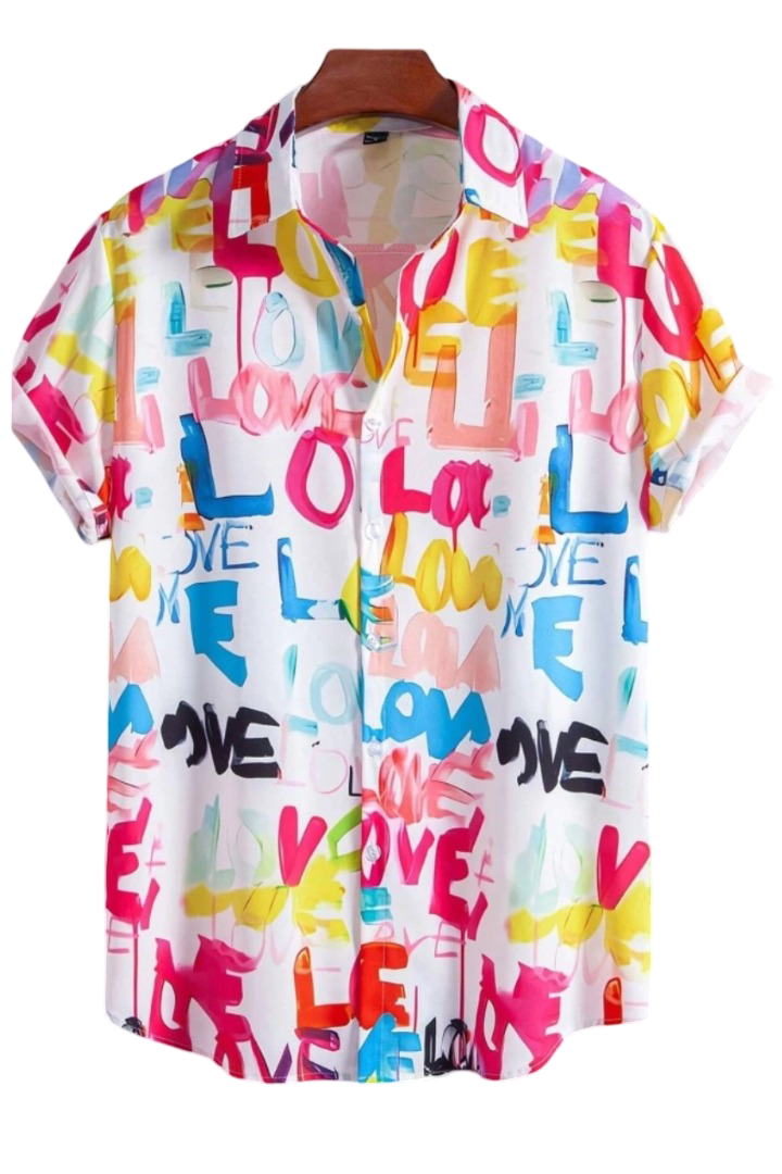 Appywave Colorful Love Print Short Sleeve Button Down Shirt, Multi Color