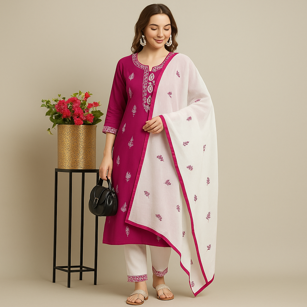 Appywave Traditional Embroidered Kurta Set with Chikankari Work, Rayon Salwar Suit